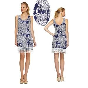 LILLY PULITZER Thompson Tank Dress Women 0 Blue Herd You Zebra Print Tassel Trim